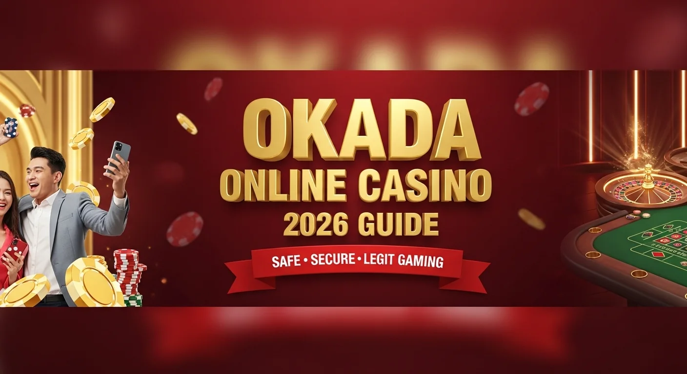Okada Online Casino promotional banner with Filipino players and luxury casino elements.