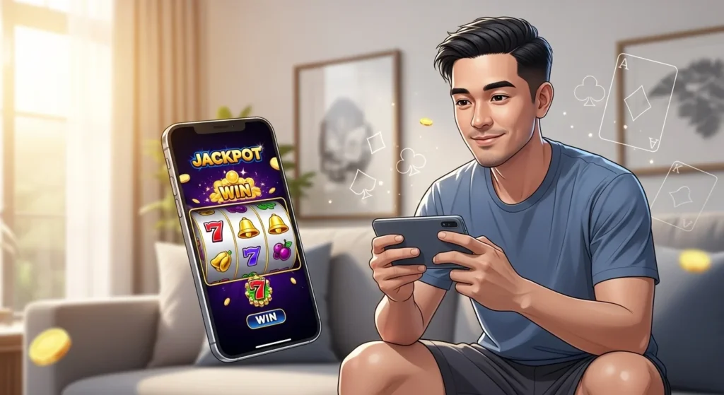 Filipino player enjoying Okada Online Casino on smartphone.