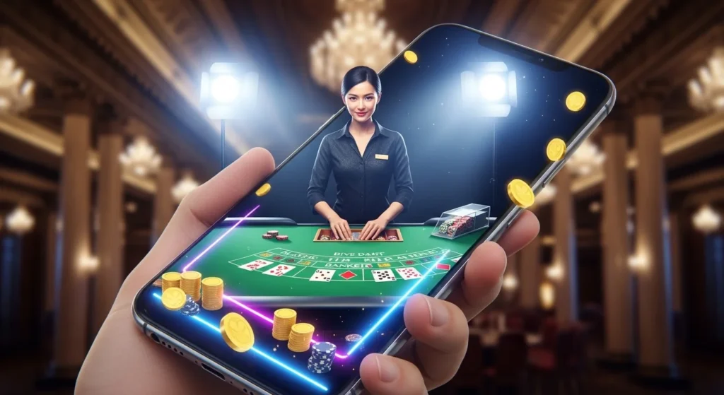 Live dealer baccarat table at Okada Online Casino streamed on mobile device.