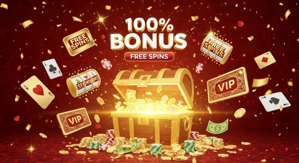 Okada Online Casino welcome bonus and VIP rewards illustration.
