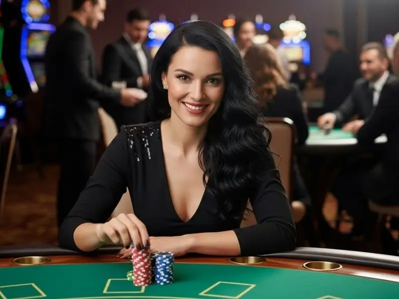 Cgebet online casino login – happy casino player smiling while holding chips inside a casino