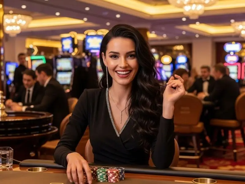 Happy lady smiling with poker chips inside a casino, enjoying the cgebet online casino login experience