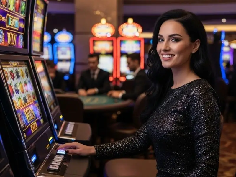 Lady enjoying slots machine in casino, showcasing cgebet online casino login experience