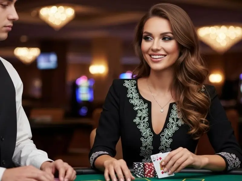 Woman grinning while playing poker at a casino, enjoying the game after a successful cgebet online casino login.