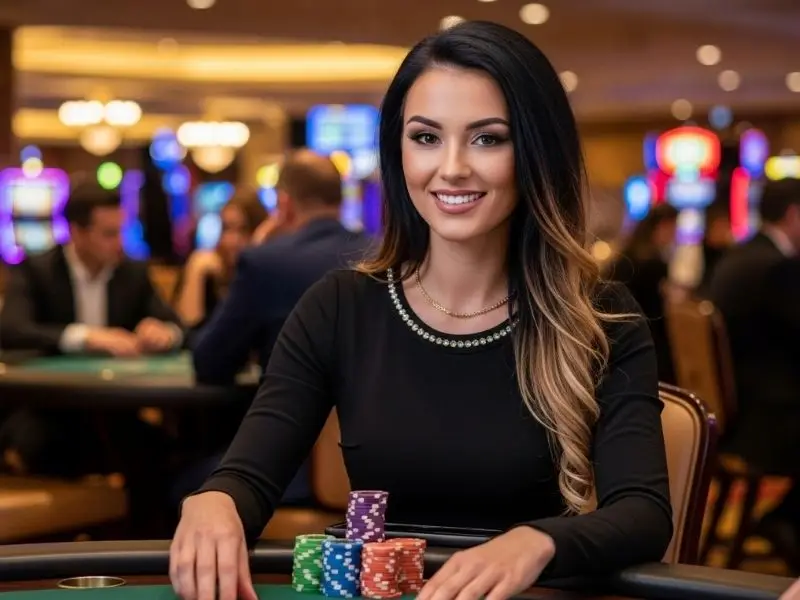 Happy woman celebrating with chips at a casino table in a free 100 online casino