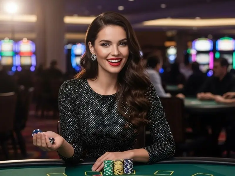 Lady enjoying a poker game at a casino with free 100 online casino bonus