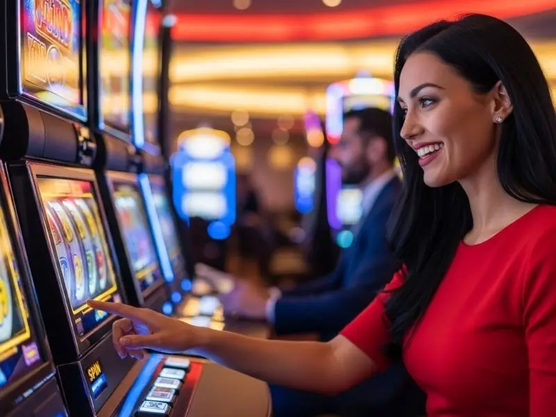 Lady smiling while playing slot games at a casino, enjoying free 100 online casino experience