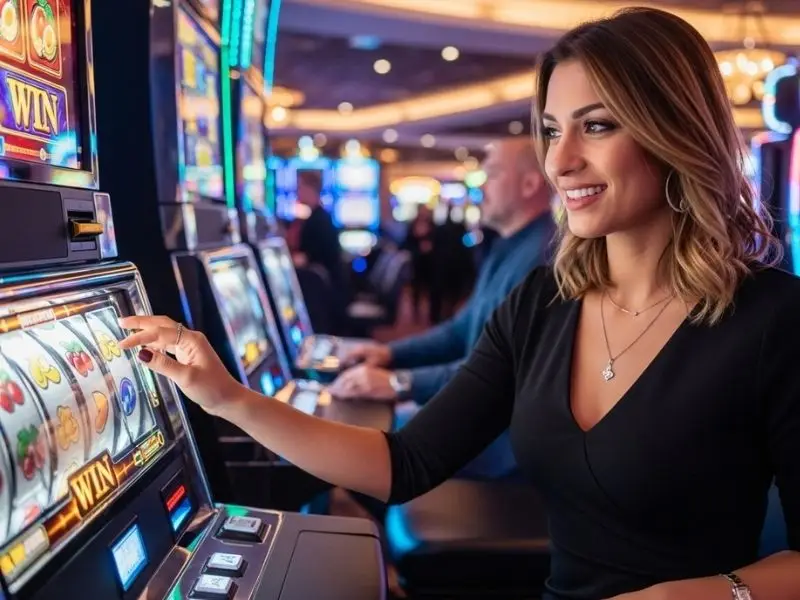 Player enjoying slot machines inside a real casino with online casino free 100 bonus promo