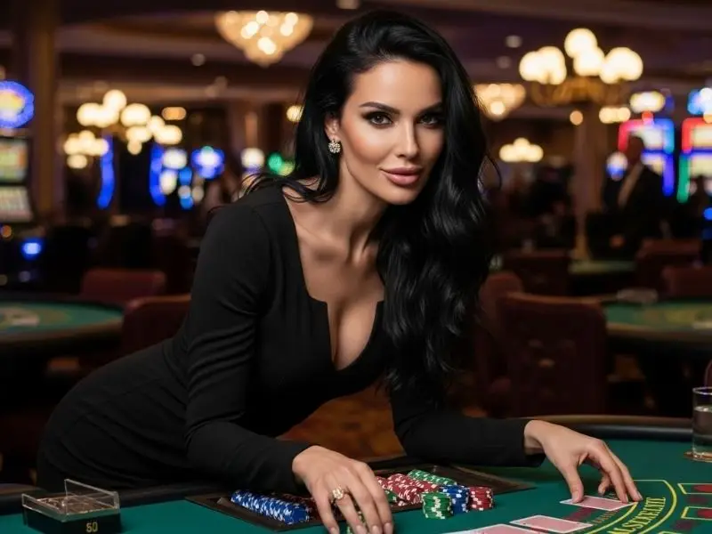 Lady smiling while playing blackjack inside a casino with online casino free 100 bonus offer