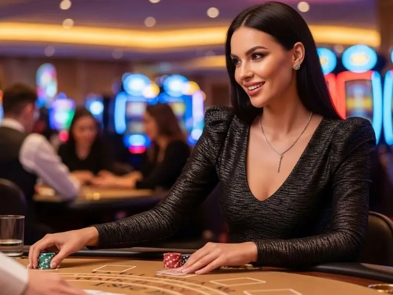 Lady smiling while placing bets on poker table inside a casino during online casino free 100 promo