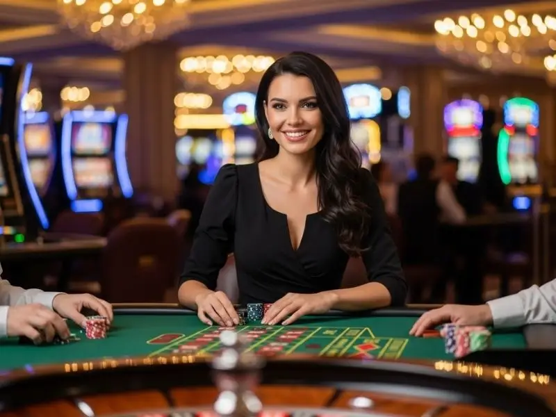 Lady smiling while playing roulette inside a casino – online casino free 100 bonus concept