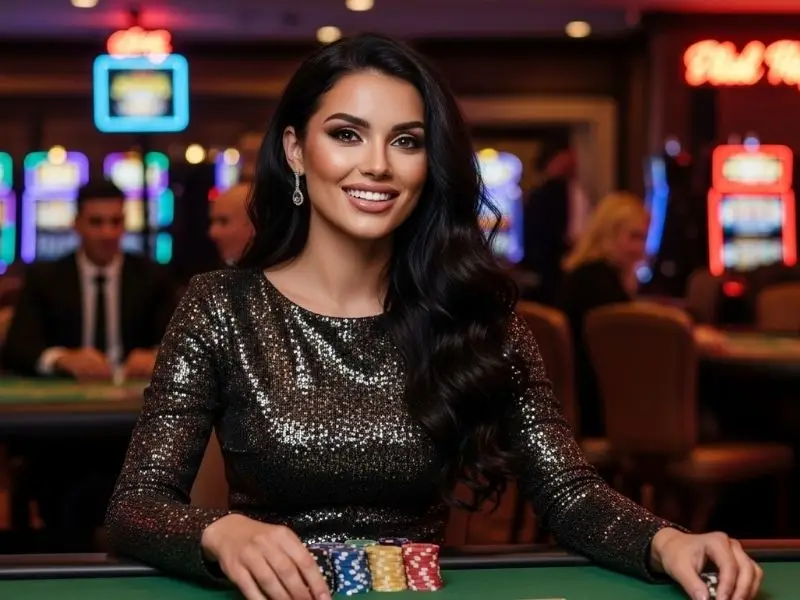 Pretty lady placing poker bets happily inside a casino, enjoying an online casino free bonus