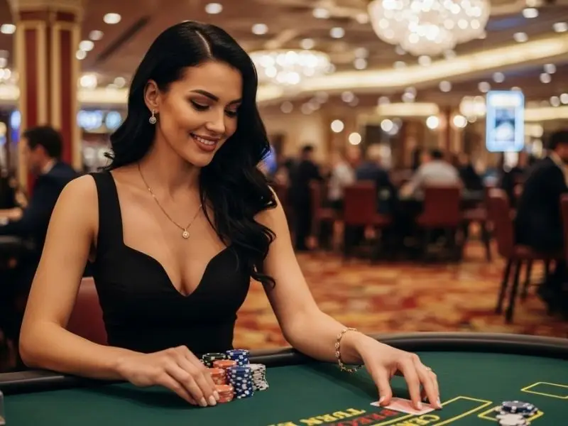 Elegant lady happily playing poker inside a casino, enjoying her game while using the solaire online casino login.