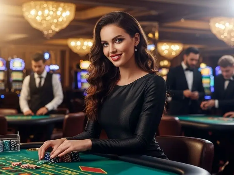 Lady happily placing a bet on a roulette table inside a casino, illustrating solaire online casino login experience