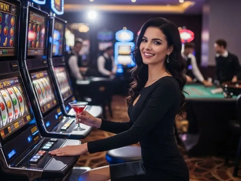 Lady happily playing slot games at a casino, illustrating solaire online casino login experience